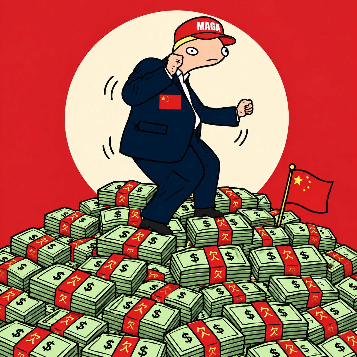 戴MAGA帽和中国国旗徽章的特朗普在钞票山上跳舞