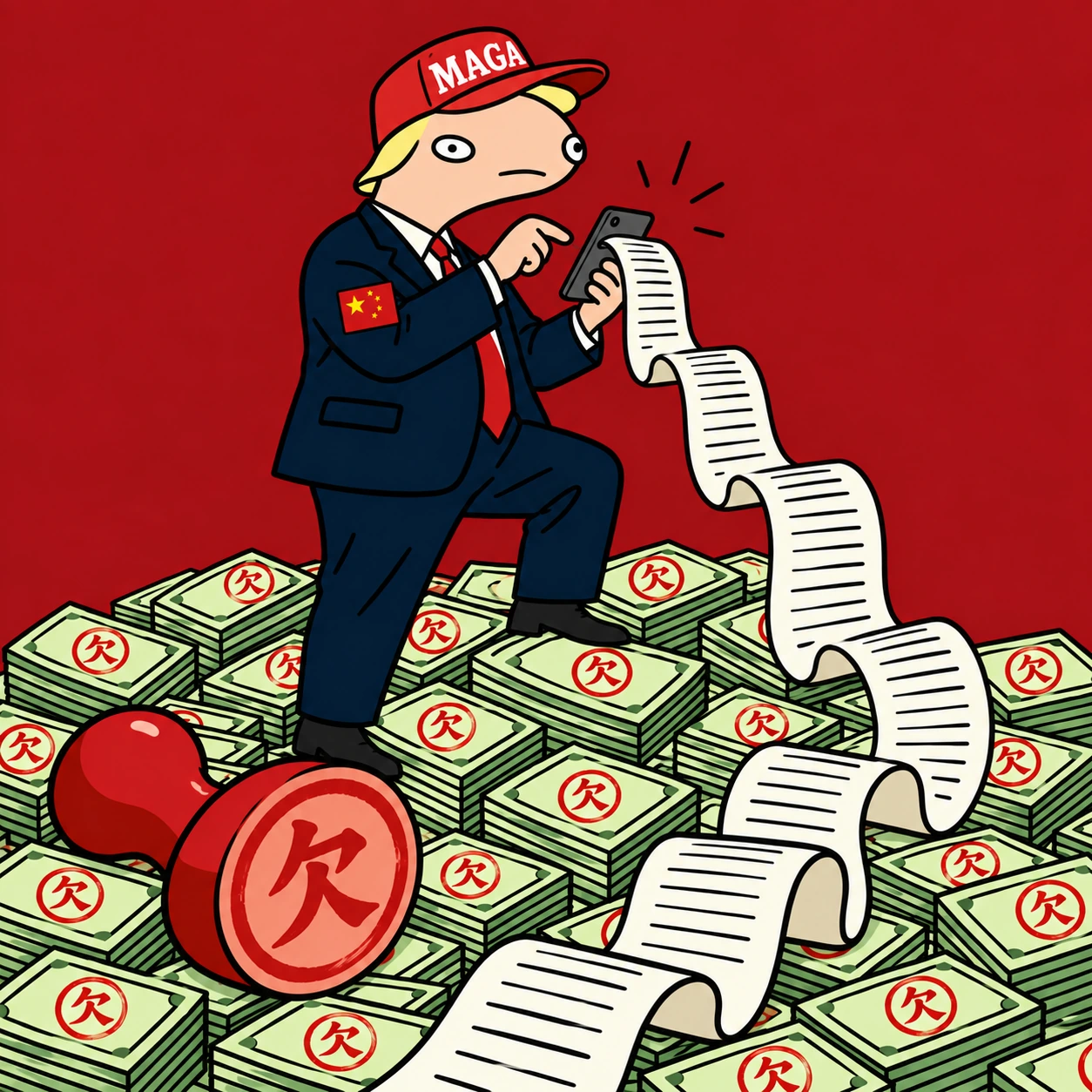 戴MAGA帽和中国国旗徽章的特朗普发帖，身旁是长长的欠款单