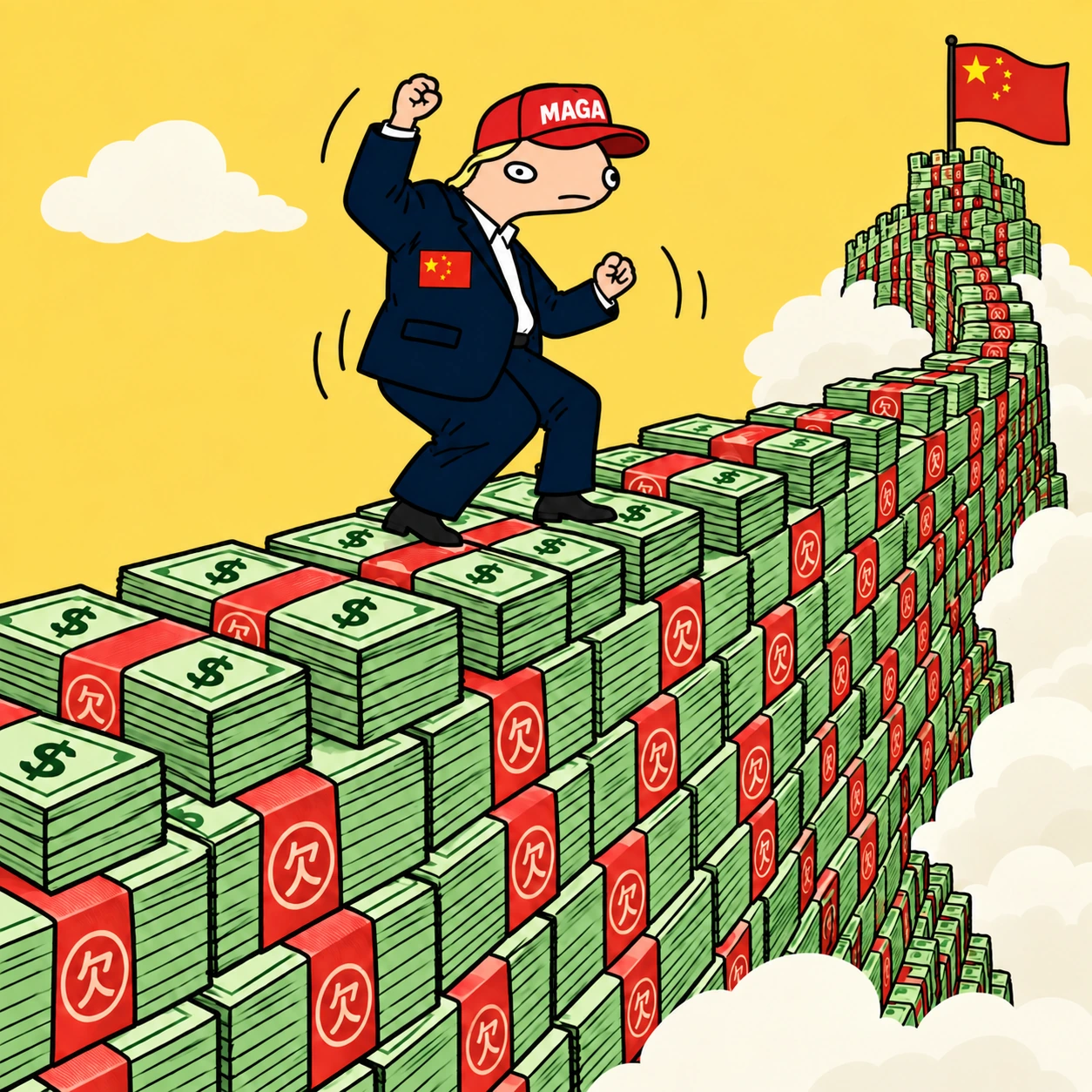 戴MAGA帽和中国国旗徽章的特朗普在美元砌成的长城上跳舞