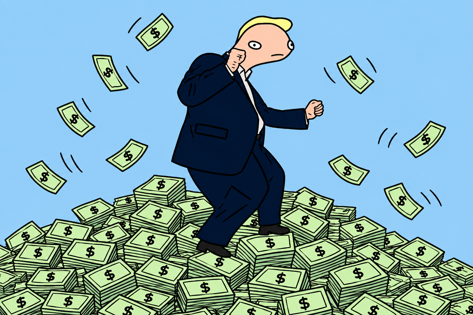 Dancing Trump meme character on a pile of money